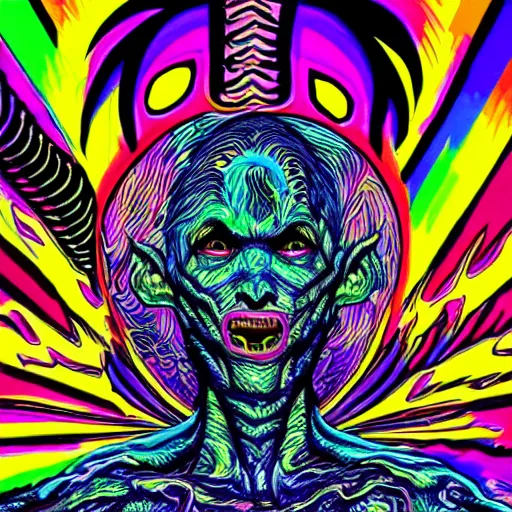 Image similar to a psychedelic godlike humanoid, hyper detailed, in the style of rutkowski and junji ito and bob ross and lisa frank, selfie