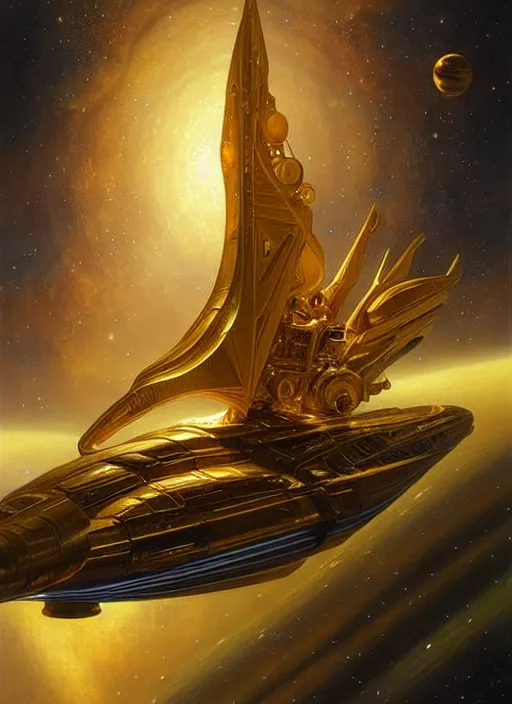 Image similar to Giant golden space cruiser in space , diffuse lighting, fantasy, intricate, elegant, highly detailed, lifelike, photorealistic, digital painting, artstation, illustration, concept art, smooth, sharp focus, art by John Collier and Albert Aublet and Krenz Cushart and Artem Demura and Alphonse Mucha