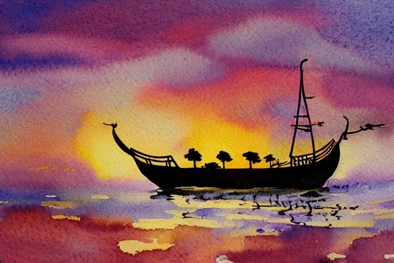 Prompt: Watercolor illustration of a viking ship against the sunset