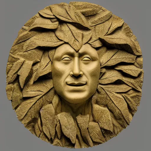 Image similar to tru marmi gold marble relief carving of the man made of tree leaves dlsr, octane render, 8 k, cinematic lighting