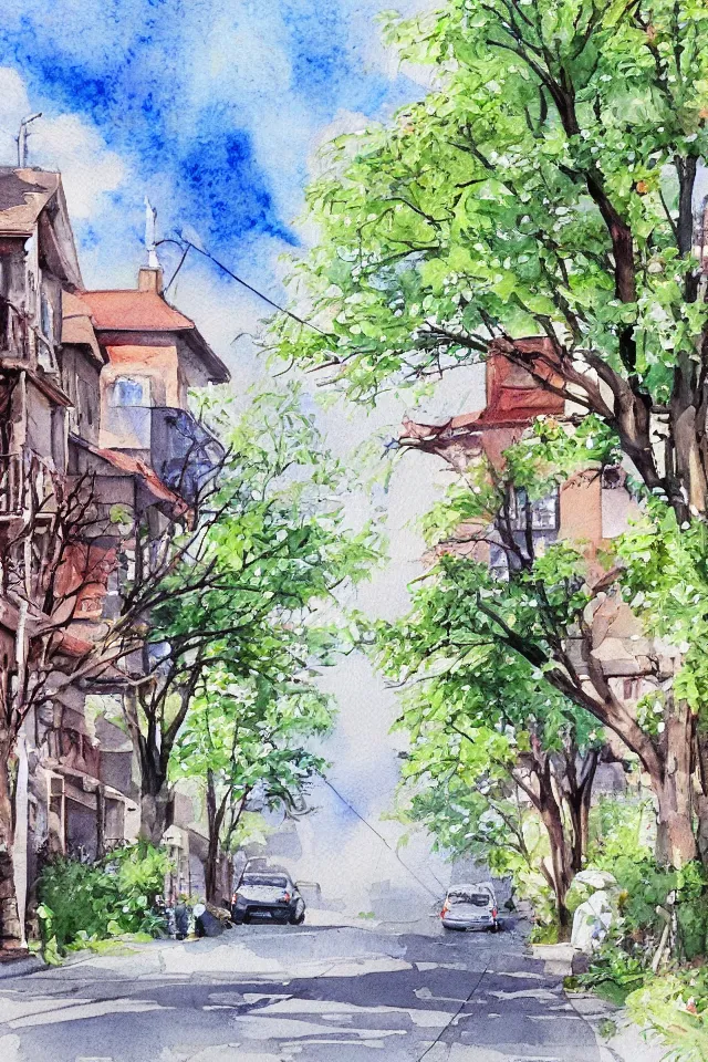 Image similar to street lined with old residential houses summer watercolor by arti chauhan trending on artstation