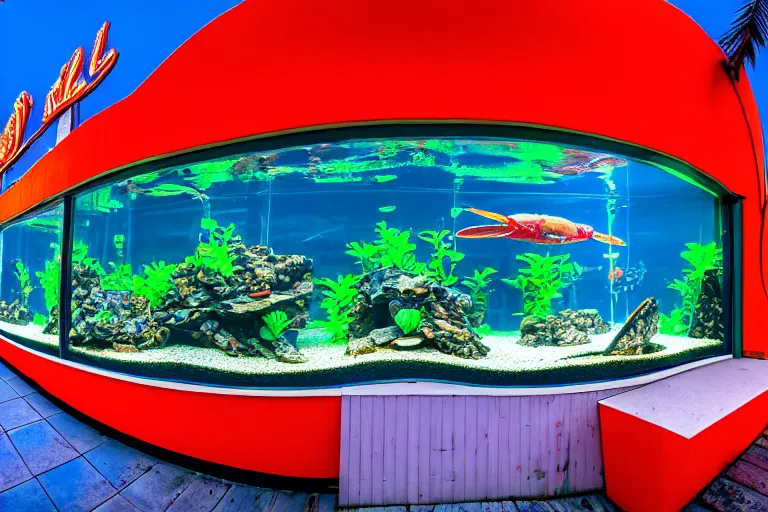 Prompt: 1 9 8 5 crab themed giant aquarium, googie architecture, one point perspective, americana, fishcore, exterior photography, hd 8 k, taken by alex webb