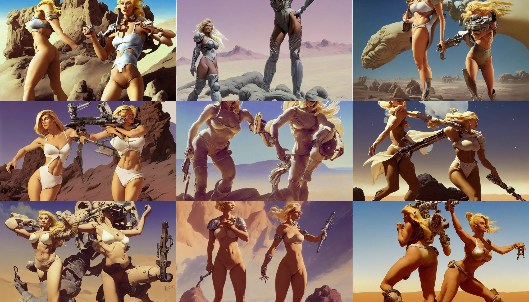 Prompt: A mixed media portrait painting of a beautiful blonde woman running on a desert alien planet, soldier, very curvy, aesthetic! white high-waisted bikini-armor and boots, aesthetic symmetrical face and eyes, Scandinavian, by Boris Vallejo, Beeple, Frank Frazetta, Greg Rutkowski, Christian MacNevin, Alphonse Mucha, epic fantasy character art, high fantasy, CGsociety, 60's Sci-fi Pinup style, exquisite detail, post-processing, masterpiece, cinematic
