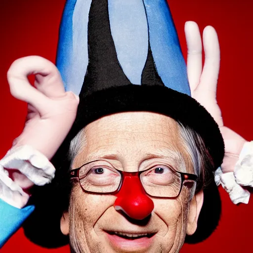 Prompt: UHD candid photo of Bill Gates dressed as a Court Jester, wearing extremely accurate clown makeup, accurate face, UHD, photorealistic, correct face, photo by Annie Leibowitz