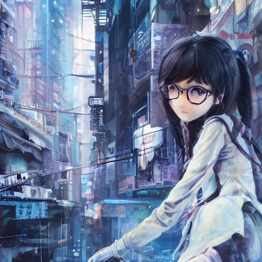 Image similar to dynamic composition, motion, ultra-detailed, incredibly detailed, a lot of details, amazing fine details and brush strokes, colorful and grayish palette, smooth, HD semirealistic anime CG concept art digital painting, watercolor oil painting of Clean and detailed post-cyberpunk sci-fi close-up schoolgirl in asian city in style of cytus and deemo, blue flame, relaxing, calm and mysterious vibes,, by a Chinese artist at ArtStation, by Huang Guangjian, Fenghua Zhong, Ruan Jia, Xin Jin and Wei Chang. Realistic artwork of a Chinese videogame, gradients, gentle an harmonic grayish colors. set in half-life 2, Matrix, GITS, Blade Runner, Neotokyo Source, Syndicate(2012), dynamic composition, beautiful with eerie vibes, very inspirational, very stylish, with gradients, surrealistic, dystopia, postapocalyptic vibes, depth of field, mist, rich cinematic atmosphere, perfect digital art, mystical journey in strange world