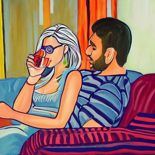 Image similar to painting of indian guy and blonde swedish girl drinking gin and tonics on the couch