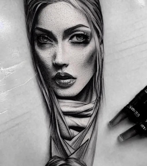 Image similar to amazing fade effect of beautiful mountain scenery with a beautiful woman face, tattoo design sketch, hyper - realistic, in the style of matteo pasqualin, amazing detail, black and white