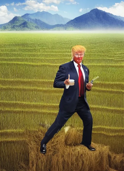 Image similar to a full body portrait of a person looking like donald trump working in rice field in mountains, hot sun, by chinese artists