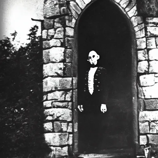 Image similar to vintage photograph of count orlok outside his castle, playing the blues on guitar, castle in the background, 4 k