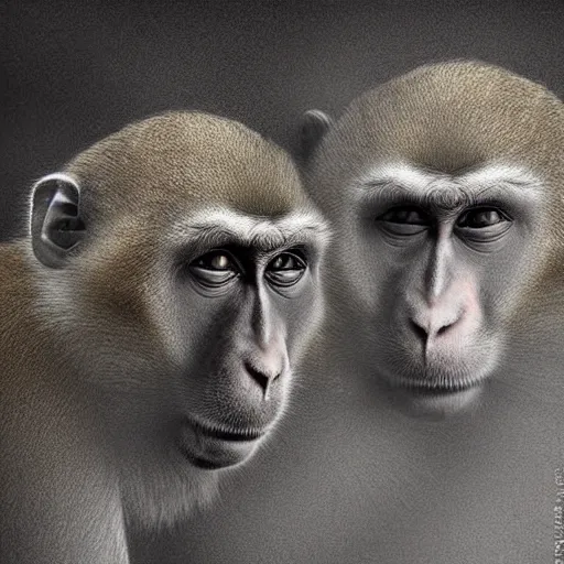 Image similar to two macaques looking at each other inside ancient cave, digital art, soft shadows, creepy art, drawn by shadman