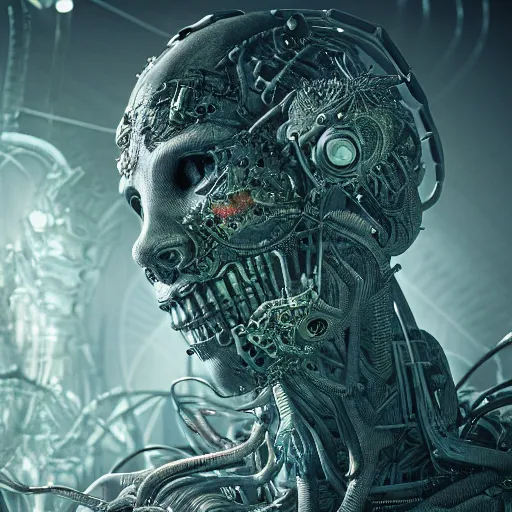 Image similar to cybernetic demon dreaming with its networked mind, lsd, circuitry, intricate detail, royo, whealan, giger, klimt, hd, octane render, unreal engine,