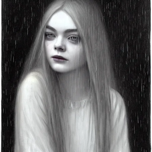 Image similar to a striking esoteric painting of Elle Fanning in the rain, dark, metal, black background, occult, by John William Waterhouse