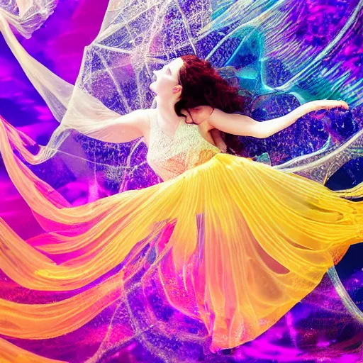 Image similar to woman dancing underwater wearing a flowing dress made of many layers of blue, magenta, and yellow translucent lace, elegant coral sea bottom, swirling silver fish, refracted light, crystals, cycles render, caustics lighting from above, cinematic