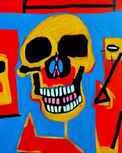 Image similar to detailed geometric oil painting of a terrified scientist skull skeleton by basquiat