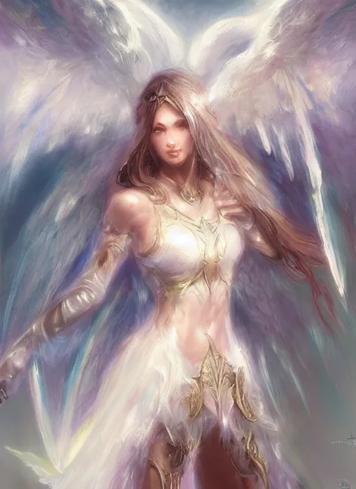 Image similar to concept art, angel knight girl. by artstation trending, by joseph mallord william turner, luis royo, konstantin razumov, cinematic lighting, fractal flame, highly detailed