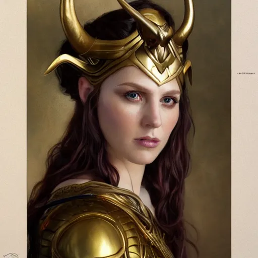 Image similar to Portrait of a female genderbent Loki with golden horned helmet drawn by Donato Giancola and Tom Bagshaw, face by Artgerm, overall design by Alphonse Mucha, background by James Jean and Gustav Klimt, light by Julie Bell, 4k, porcelain skin, komorebi, french nouveau, trending on artstation, octane render, hyperrealistic