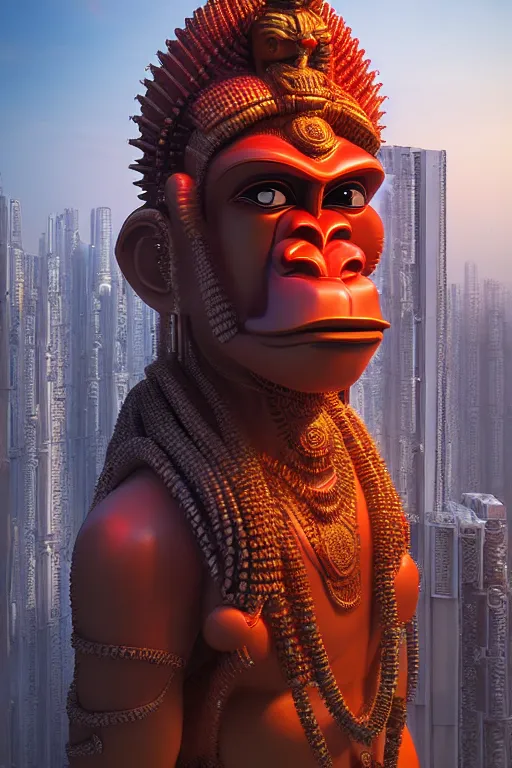 Image similar to high quality 3 d cyberpunk biomorphic hanuman! head building in the middle of mumbai!!, highly detailed, cinematic smooth, stephen shore & john j. park, soft morning light, wide shot, high angle, uhd 8 k, sharp focus