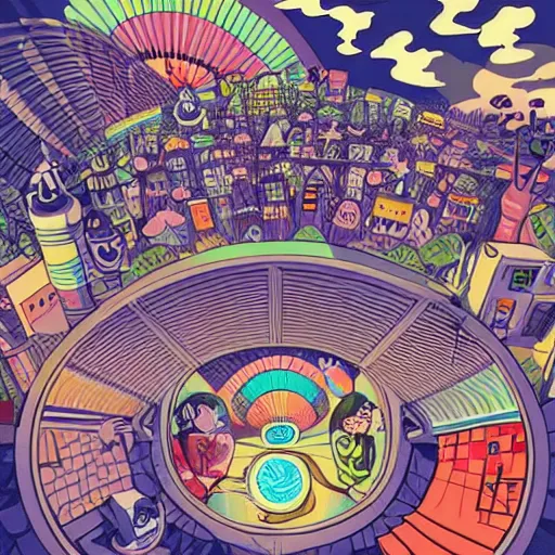 Image similar to colorful pixar, mcbess illustration, a portal to another world, opened in the middle of a swimming pool