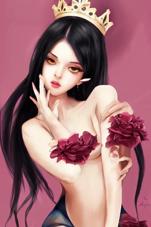 Image similar to gorgeous young queen with black hair, full body portrait, seductive, realistic, digital art, high detail, lively, art by sakimi chan