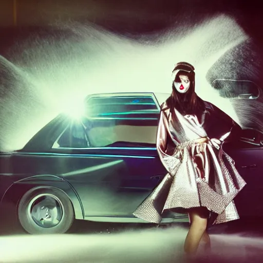 Prompt: medium format photograph of a surreal fashion shoot in a car wash, camera flash