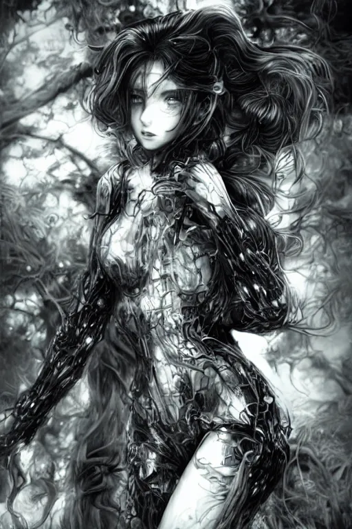 Image similar to a vertical portrait of a character in a scenic environment by Yoshitaka Amano, black and white, dreamy, cybernetic suit, wavy long black hair, highly detailed