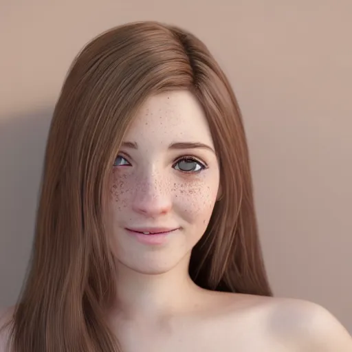 Prompt: Render of April, a cute 3D young woman, long shiny bronze brown hair, full round face, green eyes, medium skin tone, light cute freckles, light blush, smiling softly, wearing casual clothing, interior lighting, cozy living room background, medium shot, mid-shot, hyperdetailed, hyperreal, trending on Artstation, Unreal Engine, 4k