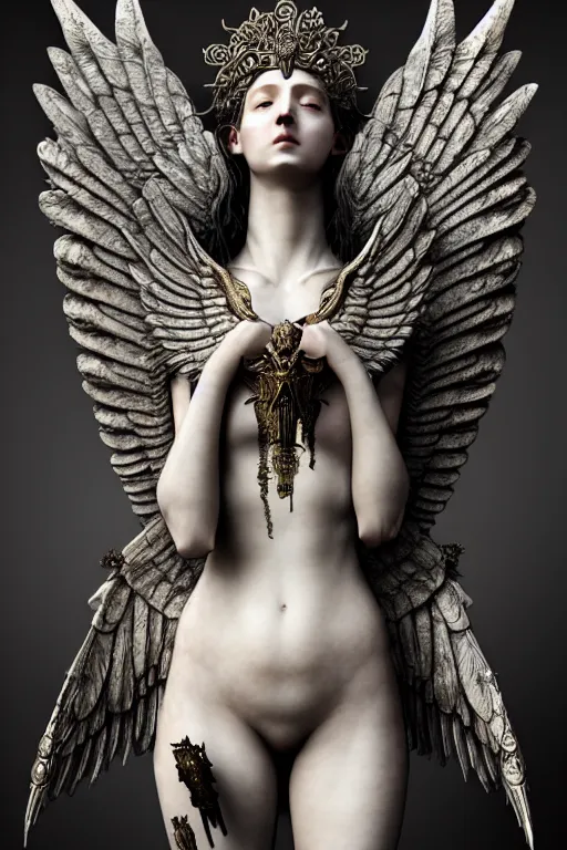 Prompt: goddess, intricate armor and wings, young, beautiful, woman, full - body, realistic portrait, ethereal, soft clean focus, art by emil melmoth, gustave dore, craig mullins, yoji shinkawa, art germ, pete morbacher, david lynch, hyper detailed, high detail, artstation, hyperrealistic, unreal engine 5, ravens
