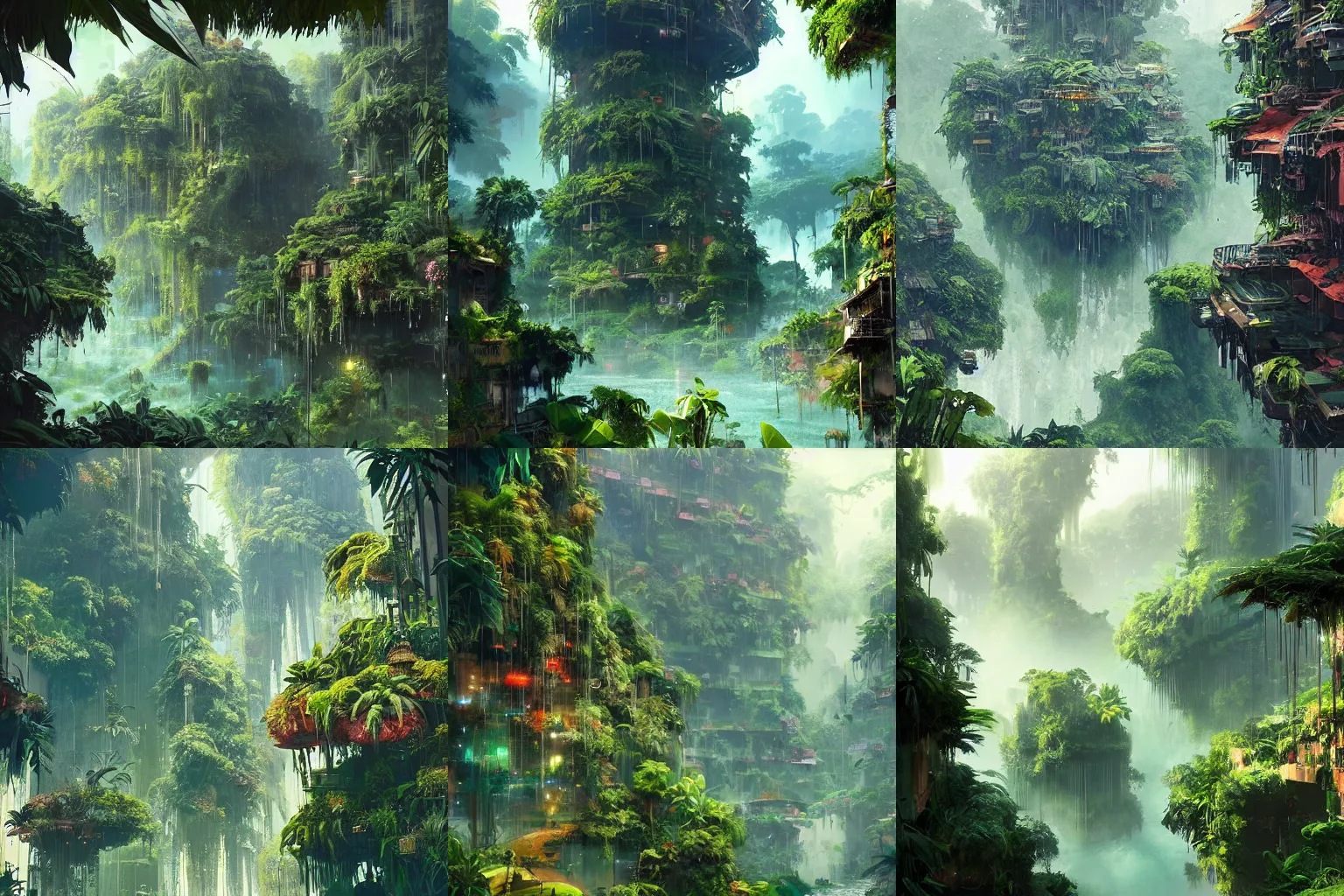 Prompt: lush jungle with floating city overflowing with water environment concept art matte painting by Theo Prins and Ruan Jia