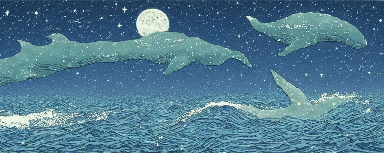 Image similar to ” big beautiful whales swimming in the shining starry sky painted by moebius. ”