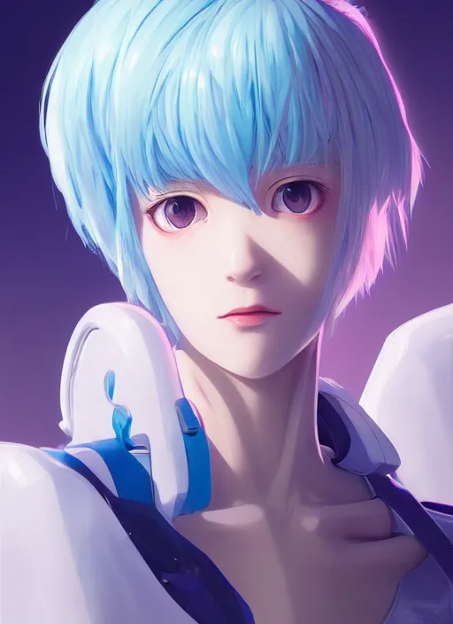 Image similar to highly detailed portrait of rei ayanami from neon evangelion, stephen bliss, unreal engine, loish, rhads, makoto shinkai and lois van baarle, ilya kuvshinov, rossdraws, tom bagshaw, global illumination, radiant light, detailed and intricate environment