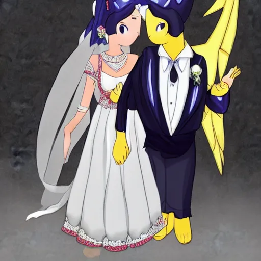 Prompt: Reshiram and me at our wedding.