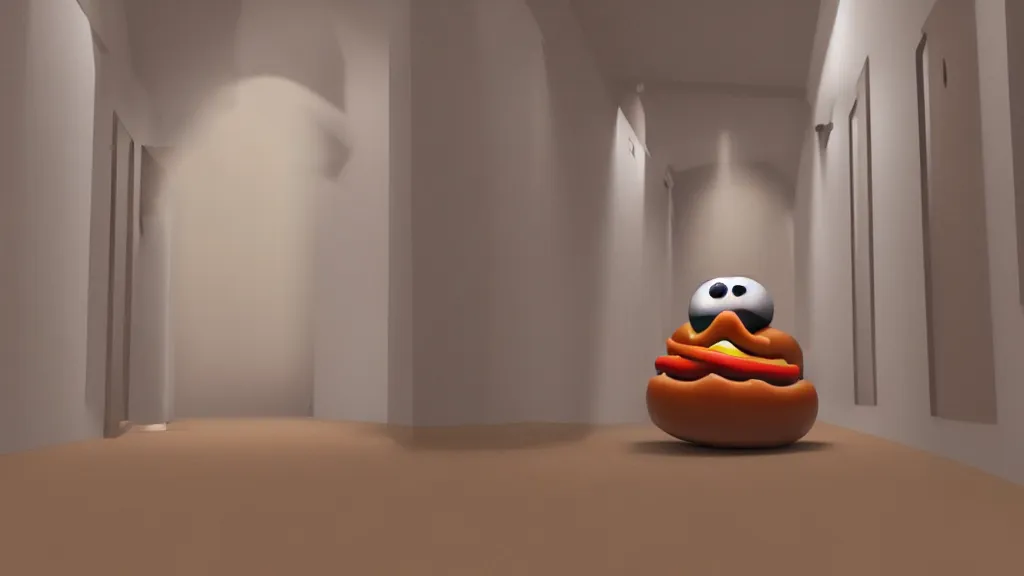 Prompt: 3d render of a hotdog floating ominously in a hallway