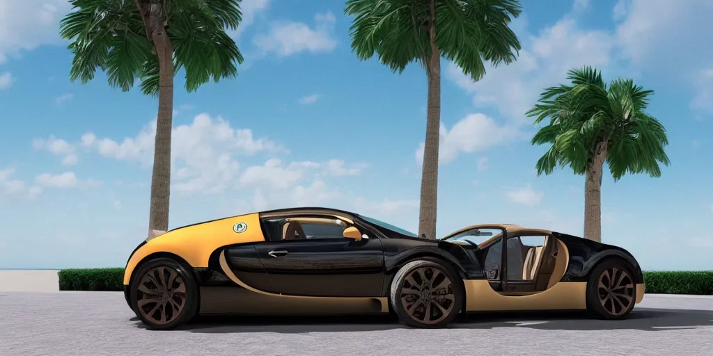 Image similar to bugatti veyron, 3 d primitive rendering, palm trees, 8 0 s vaporwave