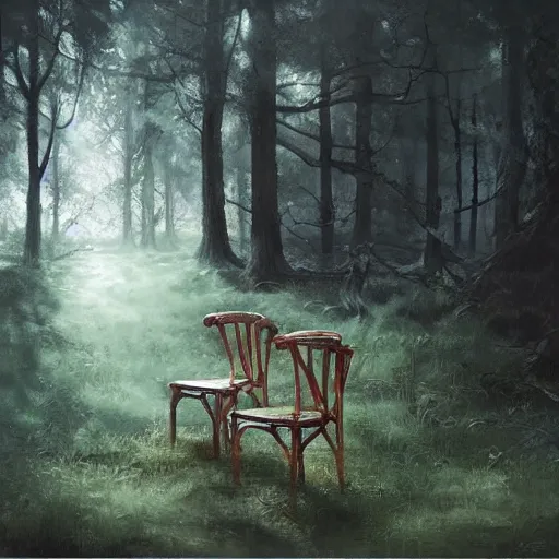 Prompt: chair in the forest wenjun lin photorealistic