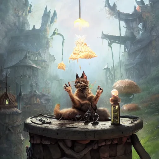 Image similar to Anthropomorphized cat witch brewing potion, witch Hut, magic the gathering artwork, D&D, fantasy, cinematic lighting, centered, symmetrical, highly detailed, digital painting, artstation, concept art, smooth, sharp focus, illustration, volumetric lighting, epic Composition, 8k, art by Akihiko Yoshida and Greg Rutkowski and Craig Mullins, heroic pose, oil painting, cgsociety