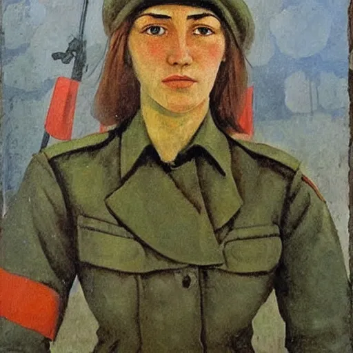 Image similar to soviet painting of female soviet partisan by isaak brodsky, walter womacka, czeslaw znamierowski, vladimir pchelin, kuzma petrov - vodkin, igor berezovsky