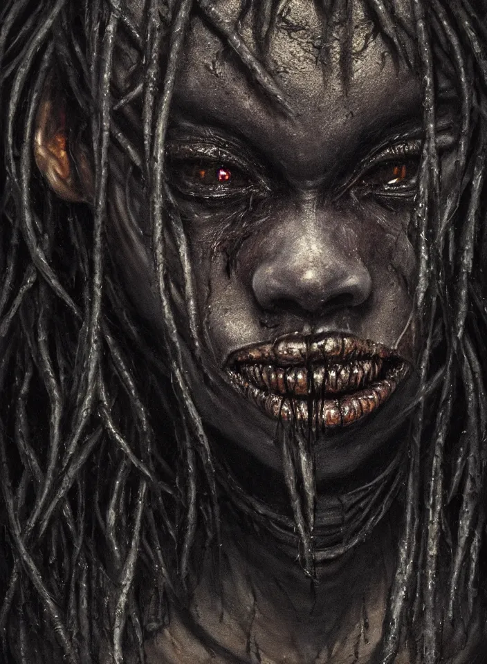 Prompt: a closeup portrait of a monster with black skin that invokes fear, d & d, fantasy setting, horror environment, morbid colors, dark lighting, atmospheric, cinematic, moody, in the style of diego koi, gina heyer, luiz escanuela, art by alyssa monk, depth, hyperrealism, rule of thirds, golden ratio, oil on canvas, 8 k