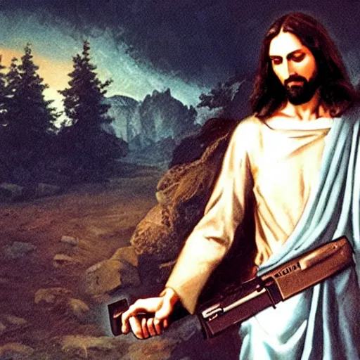 Image similar to jesus with guns killing demons