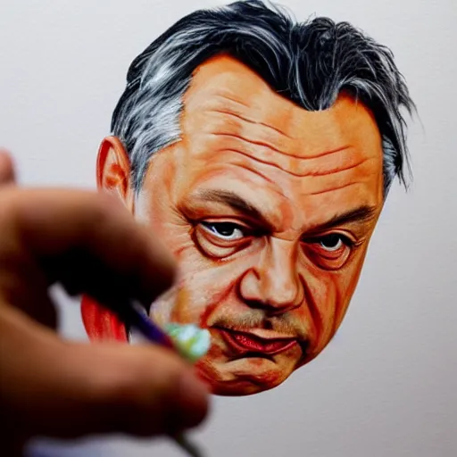 Image similar to old child paints a sausage and viktor orban on white paper, anatomically correct, oil painting, hyper realistic, 8 k highly detailed