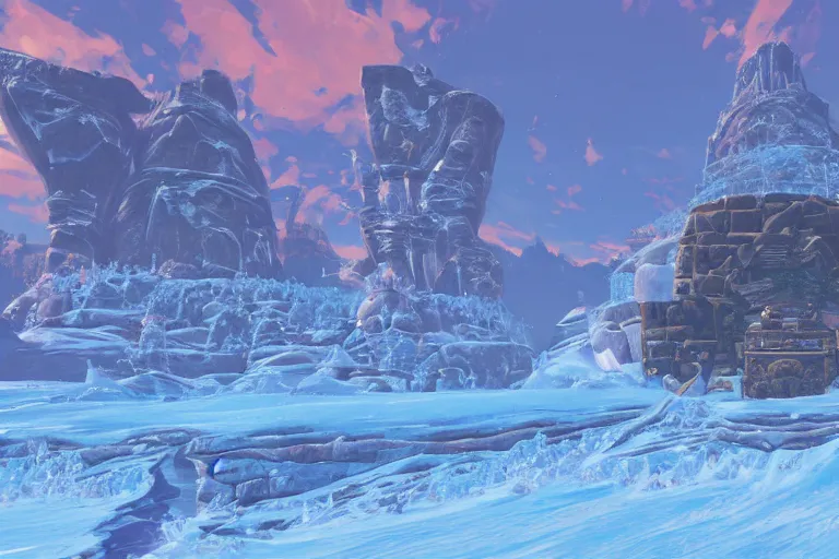 Image similar to an in game frozen landscape from the legend of zelda breath of the wild, breath of the wild art style.