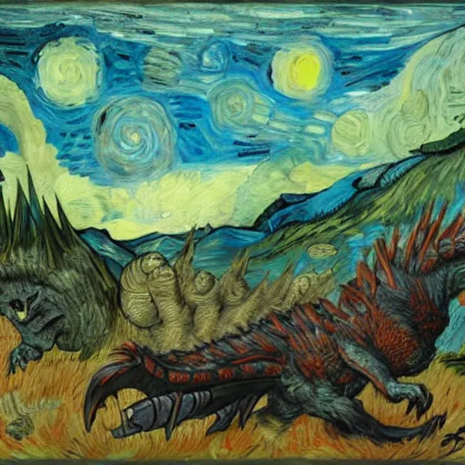 Prompt: monster hunter, painting by van goph
