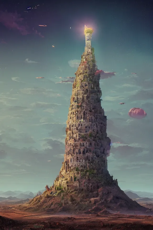 Prompt: a majestic tower of babel standing on a vast plain ， super wide angle ， matte painting ， rtx on ， by lee medgwick and simon stalenhag ， trending on cgsociety and artstation, unreal engine ， volumetric light ， surreal ， poster style ，