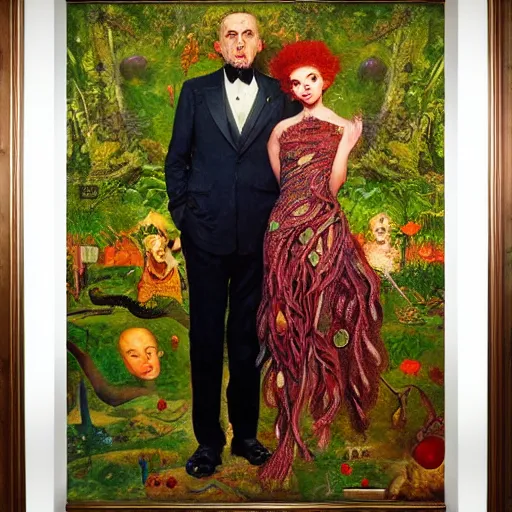 Prompt: a beautiful portrait of two lovers wearing a suit made of nervous system, channeling third eye energy, surrounded by a background of cyber mystic garden of earthly delights, painting part by wojciech siudmak, part by ilya repin, part by norman rockwell, artstation