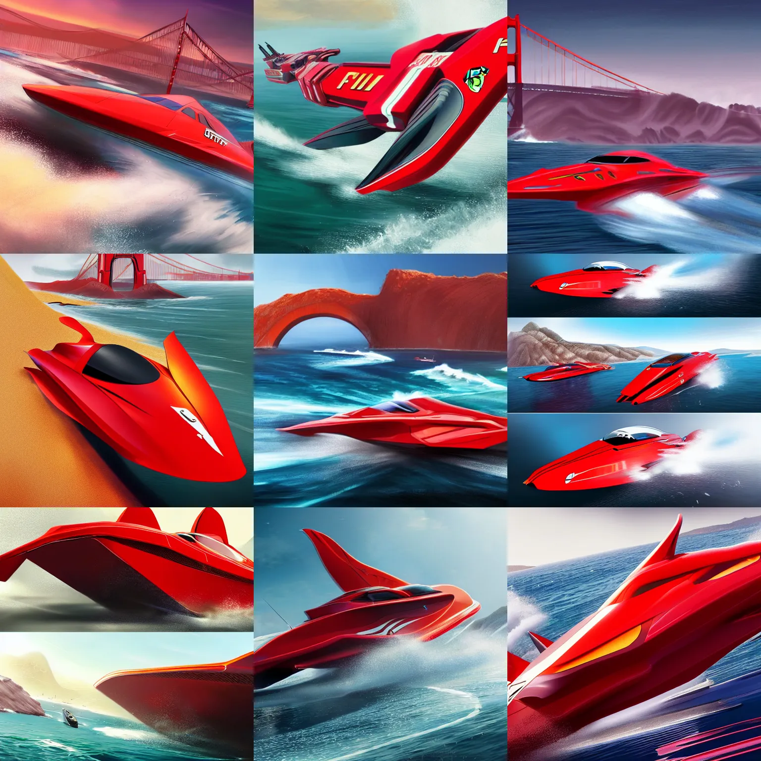 Prompt: concept art featuring a futuristic red racing speedboat designed in the style of ferrari racing under the golden gate bridge. fine detail. surf. this 4 k hd image is trending on artstation, featured on behance, well - rendered, extra crisp, features intricate detail, epic composition and the style of unreal engine.