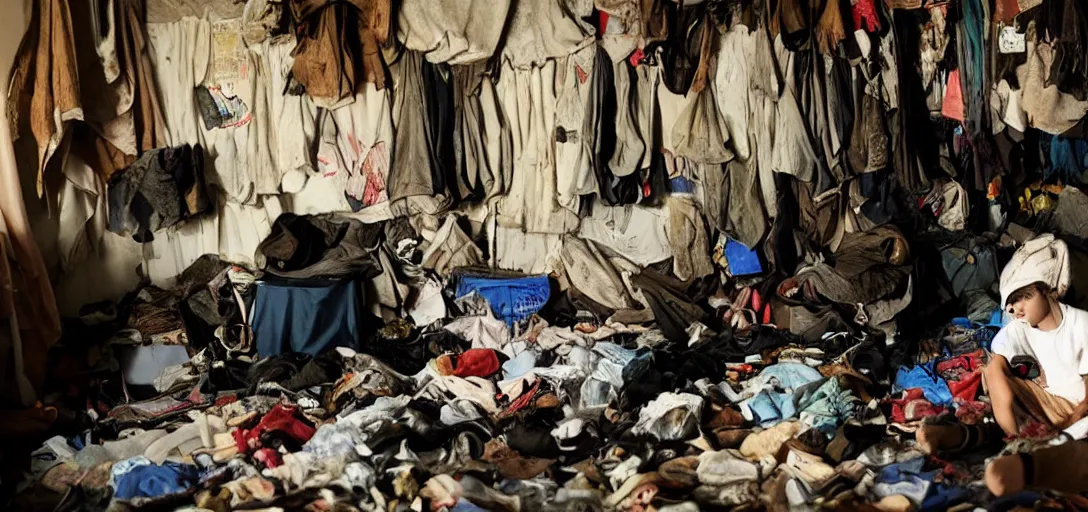 Image similar to a teenage boy at his back entering in a hoarder's room, dark atmosphere