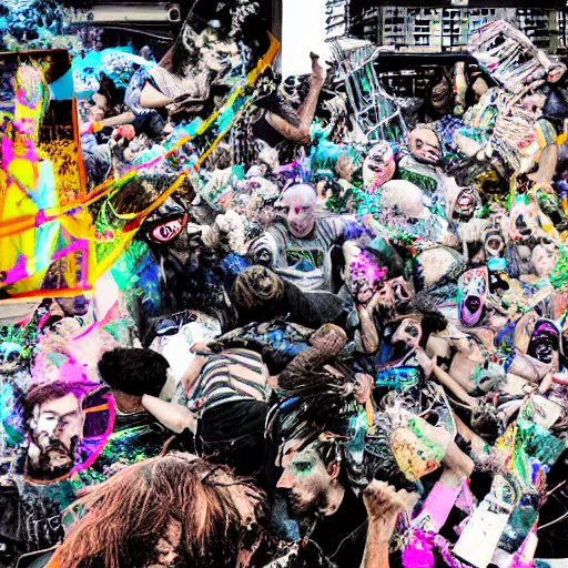 Image similar to a photograph datamoshing moshpit trader trash, weird, argentic, dust and scratches, by Jon Rafman