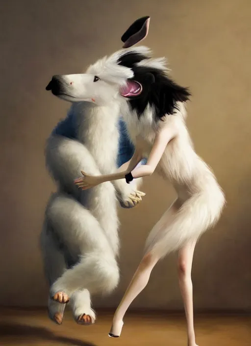 Image similar to wide shot painting of a male anthropomorphic border collie fursona dancing with a cute female anthropomorphic sheep fursona in a ballroom, beautiful, model pose, realistic proportions, highly detailed, scenic background, trending on artstation, art by charlie bowater and henry asencio and and ross tran