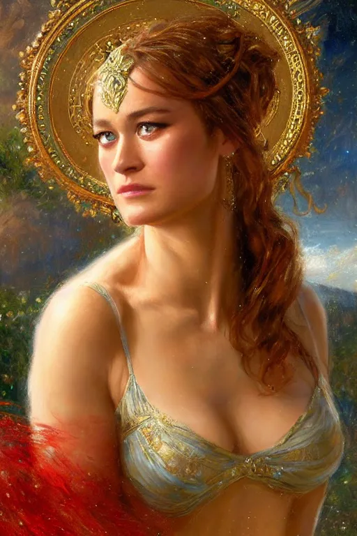 Image similar to portrait of brie larson as the goddess aphrodite. art by gaston bussiere.