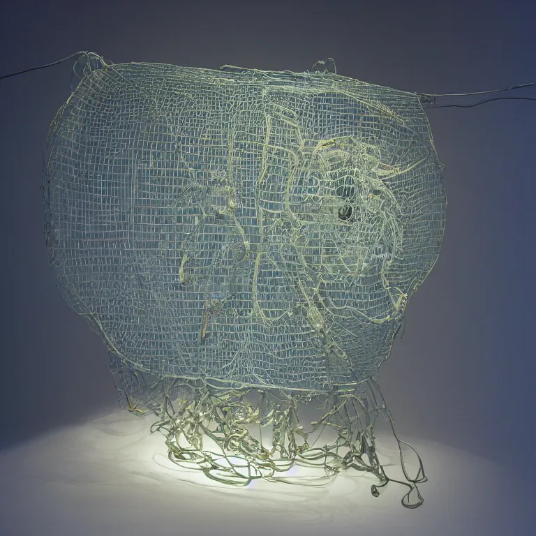 Prompt: hyperrealistic sculpture of a bronze fossilized flounder isopod in a large mesh cage made of blue nylon wire and latex on a pedestal by ron mueck and duane hanson and lee bontecou, hyperrealistic dramatic colored lighting trending on artstation 8 k