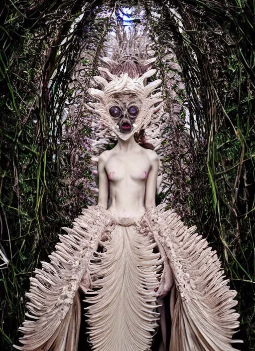 Image similar to walking down the catwalk, tim walker, show, stage, vogue photo, podium, fashion show photo, historical baroque dress dark, iris van herpen, beautiful woman, masterpiece, intricate, biopunk, vogue, full body shot, plant predator, guyver, highly detailed